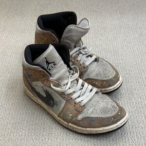 Nike Air Jordan Kids Sneakers Tan and Black with paint splatter Accents